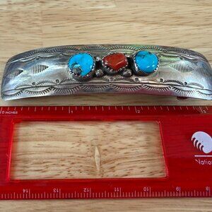Sterling silver turquoise & coral barrette from Santa Fe, New Mexico